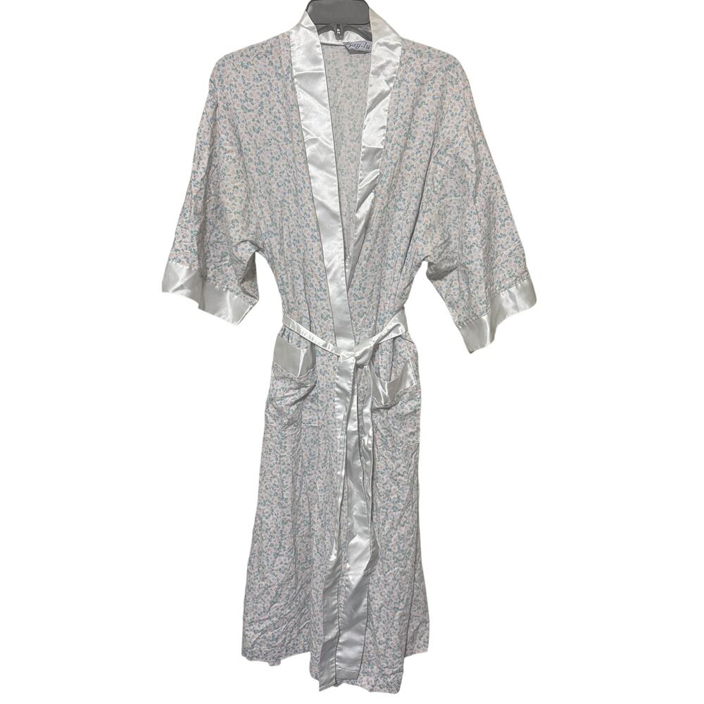 Vintage Say-Lu Cream Pink Floral Robe satin trim House Coat Size M
